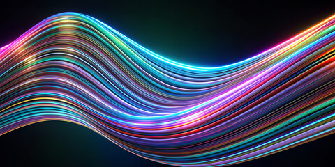The myriad bright, colourful stripes curve elegantly against the dark background, creating a sense of movement and fluidity. The vibrant colours range from blue and green to pink and red.AI generated. - obrazy, fototapety, plakaty