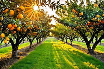 The soothing warmth of the sunrise bathes a citrus grove in a gentle glow, showcasing the serene beauty and abundance of the fruit-laden trees.