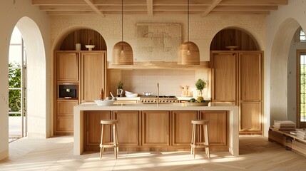a kitchen adorned in light oak and neutral tones, featuring natural materials, arched architecture, rattan pendant lights, textured wallpaper on white walls, soft lighting, and a spacious island.