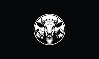 Cow head design, cow head with circle, mountain, logo design art 