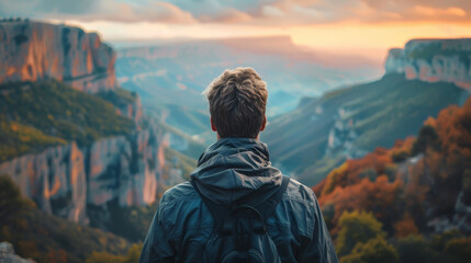 A man is standing on a mountain top, looking out at the beautiful landscape