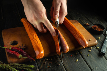 Chef hands use a knife to cut sausages before preparing dinner on a cutting board. The concept of...