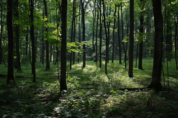 Obraz premium View of the forest with lofty trees in dim or melancholy light. Background image of nature. The idea of carbon net zero.