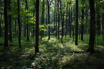 View of the forest with lofty trees in dim or melancholy light. Background image of nature. The idea of carbon net zero.