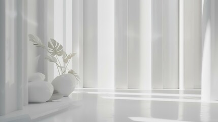 Minimalist interior design with white wall and plant. 3D rendering