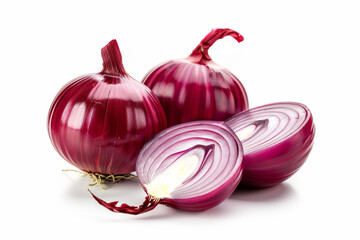 Red whole and sliced onion, isolated on white background