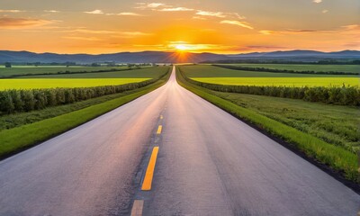 Fototapeta premium Endless road through rural landscapes at dawn, heralding the beginning of a new life path.