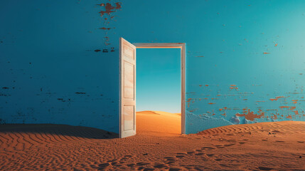 a door art placed in middle of desert with sand background , mockup , business, decor , painting , wallpaper , wallart ideas