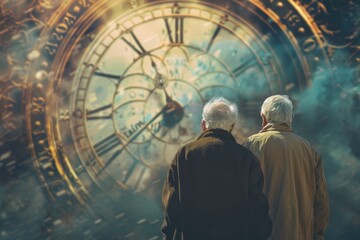 Concept of life passing. Fantasy image of two old people looking at huge clock. AI generated