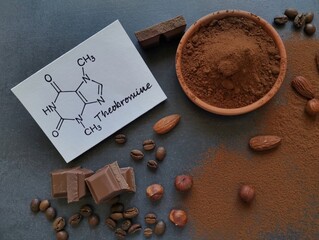 Chemical formula of theobromine molecule with dark chocolate and cocoa powder. Theobromine is an alkaloid compound found naturally in the cocoa plant. Cacao and chocolate as sources of theobromine.