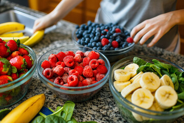A close-up photograph of a woman arranging vibrant fruits and leafy greens on a kitchen counter, with bowls of ripe berries, bananas, and spinach ready to be blended into a nutriti