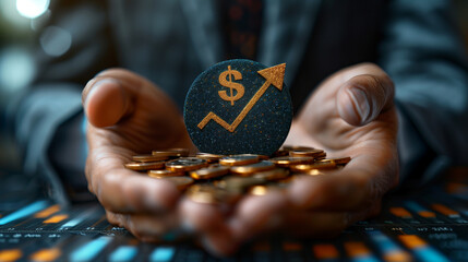 Photo of male hands holding gold coins and a miniature coin depicting a dollar growth graph. Macro photography showing financial growth. Paper chart with growth charts on the table - obrazy, fototapety, plakaty