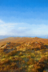 Fototapeta na wymiar Peak District National Park digital oil painting of sunrise at The Roaches.