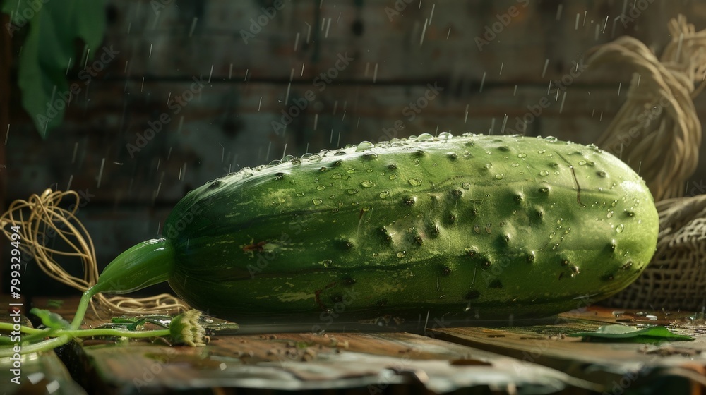 Poster cucumber on table in rain