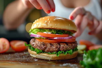 An intimate shot of a woman garnishing a burger with fresh toppings and condiments, with vibrant slices of tomato, lettuce, and onion arranged carefully on top, adding layers of fr