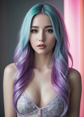  A young asian woman stunning woman with flowing  pastel neon hair that cascades like a waterfall, her vibrant iridescent tresses illuminate the room with a gentle, ethereal glow