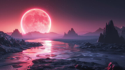 A large red moon is in the sky above a river