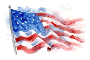 Watercolor American flag isolated on white background. USA flag on a white background for Independence Day in the USA in a watercolor style.