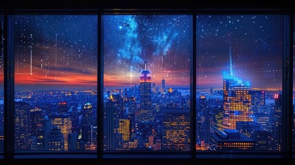 the city skyline from a window perspective late at night, featuring a solitary figure gazing out from a tall building, surrounded by the starry sky 