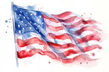 Watercolor American flag isolated on white background. USA flag on a white background for Independence Day in the USA in a watercolor style.