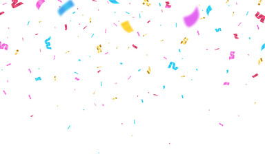 Confetti white background. Color falling paper. Bright flying serpentine. Carnival or party design. Greeting card template. Shiny defocused ribbon. Vector illustration.