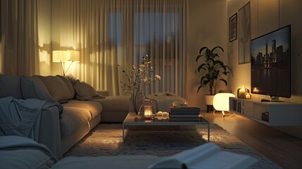 a living room at night adorned with white tones, featuring bright lighting and scenes, presenting clean and tidy indoor scenes for a touch of modern elegance.