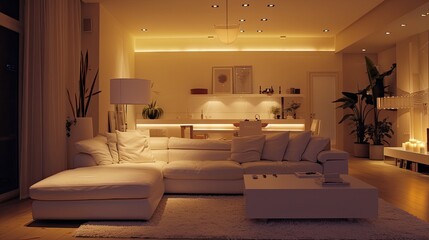 a living room at night adorned with white tones, featuring bright lighting and scenes, presenting clean and tidy indoor scenes for a touch of modern elegance.