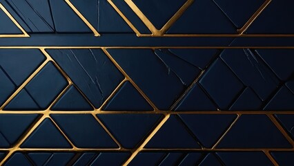 Elegant Dark Blue Abstract Template on Black Background with Golden Striped Lines and Geometric Triangle Design