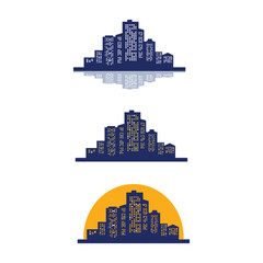 Vector sunset city skyline with modern buildings silhouette with reflection in water. Vector illustration. Skyscrapers in big city at sunset.City skyline silhouette.
