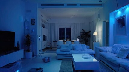 a living room at night adorned with white tones, featuring bright lighting and scenes, presenting clean and tidy indoor scenes for a touch of modern elegance.