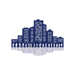 Vector city skyline with modern buildings silhouette with reflection in water and  working business people. Vector illustration. City skyline silhouette.