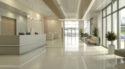 a bright, modern, and spacious hospital entrance, complete with automatic sliding doors and a contemporary reception desk, amidst a tranquil and comfortable environment that puts patients at ease.