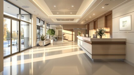 a bright, modern, and spacious hospital entrance, complete with automatic sliding doors and a contemporary reception desk, amidst a tranquil and comfortable environment that puts patients at ease.