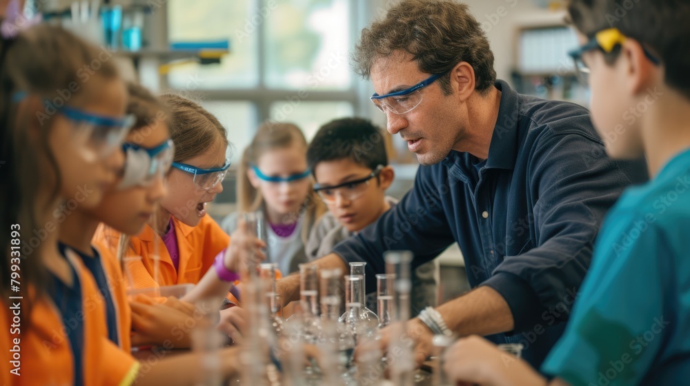 Poster a fun event is taking place in a lab where a group of children are conducting a science experiment, 