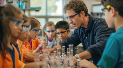 A fun event is taking place in a lab where a group of children are conducting a science experiment, using tableware, drinkware, bottles, and sharing non-alcoholic beverages. AIG41