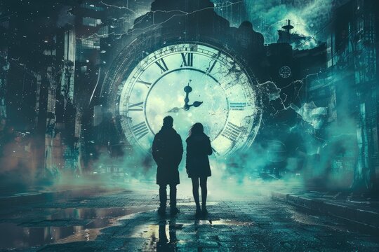 Concept of time passing. Apocalyptic image of a couple looking at the clock. Losing time. AI Generated