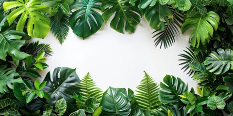 Frame with Tropical Leaves on White Background