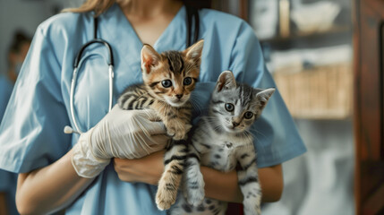 unrecognizable Veterinarian female holding a puppy and a cat