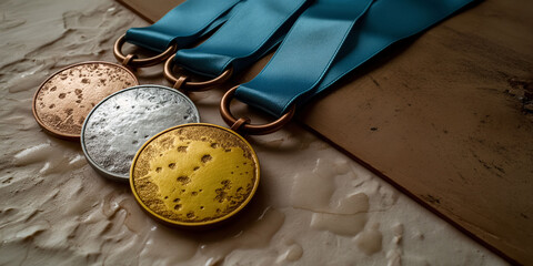 Golden, silver and bronze medals set on a table with a blue ribbon
