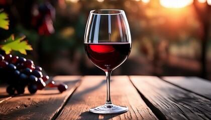 An elegant glass of red wine on a dark wooden table, with a single light source highlighting