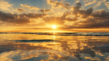 a bright sunrise over the horizon. The sun's rays penetrate through the clouds, creating golden hues in the sky and reflecting in the water