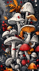 Enchanted Forest Mushrooms and Foliage in Elegant Monochrome Design with Color Accents