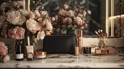 a blank plain canvas makeup bag, adorned with delicate creams amidst black and rose gold accents, complemented by romantic flowers as countertop decor on a luxurious vanity.