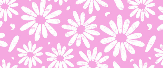 Groovy floral seamless pattern, retro daisy background, summer chamomile print, cute spring flower, grunge pastel pink textile. Abstract naive vector illustration