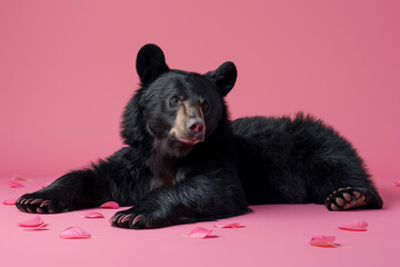 A relaxed black bear lounges against a pink backdrop, surrounded by soft petals, blending wildness with whimsy