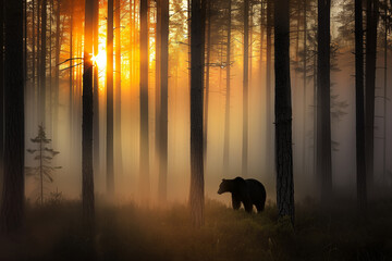 A black bear roams through a misty forest bathed in the golden light of sunrise, creating a scene of natural serenity