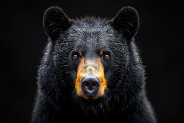 A piercing gaze from a black bear's eyes, highlighted by a glint of gold, stands stark against a black background