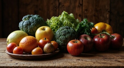 Fruits and vegetables on a wooden background, close-up