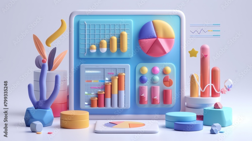 Poster 3d render of a colorful dashboard with charts and graphs