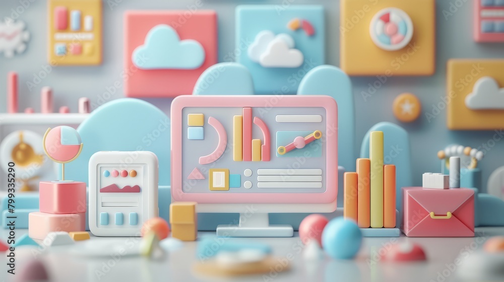 Poster 3d render of a computer with graphs and charts on the screen, surrounded by pastel colored 3d shapes